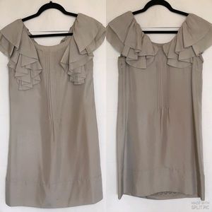 Anthropology Grey Silk Ruffle Shoulder Shift Dress